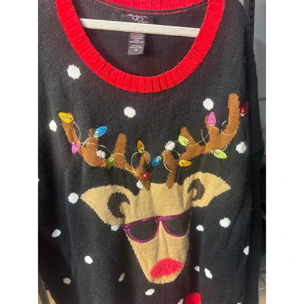 Hooked Up Reindeer Ugly Sweater Christmas‎ Lights Pullover Black Red Size 3X